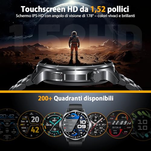 SLOKSFil Men's Smartwatch with Bluetooth Calls, 1.52 Inches HD Smart Fitness Watch with 1000 mAh 24/7 Heart Rate Monitor SpO2 Sleep 110+ Sport Waterproof IP68 for Android iOS (Steel Black)