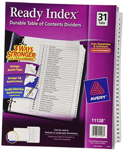 UPC 072782111281, Avery Ready Index Classic Tab Titles, 31-Tab, 1-31, 8.5 X 11 Inches, Black/White, 31 per Set (11128)