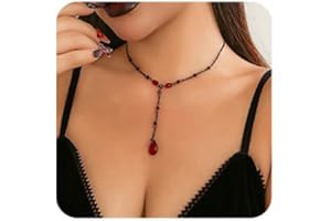 RRDAILY Gothic Black Red Choker Necklaces for Woman Blood Bead Teardrop Y-Necklace Goth Punk Grunge Accessories Christmas Halloween Jewellery