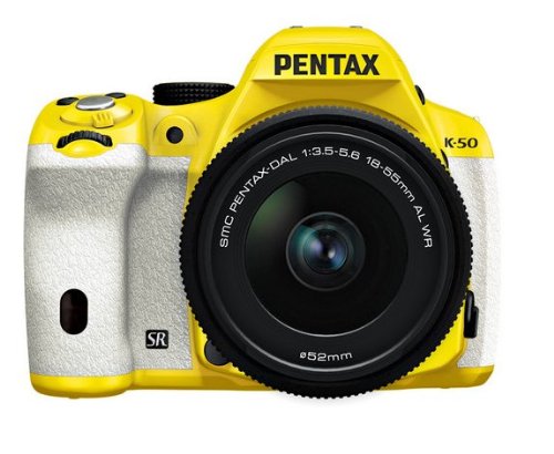 Pentax K-50 16MP Digital SLR Camera 3-Inch LCD with 18-55mm f/3.5-5.6 WR Lens (Yellow/White) Pentax K-50 16MP Digital SLR Camera 3-Inch LCD with 18-55mm f/3.5-5.6 WR Lens (Yellow/White)