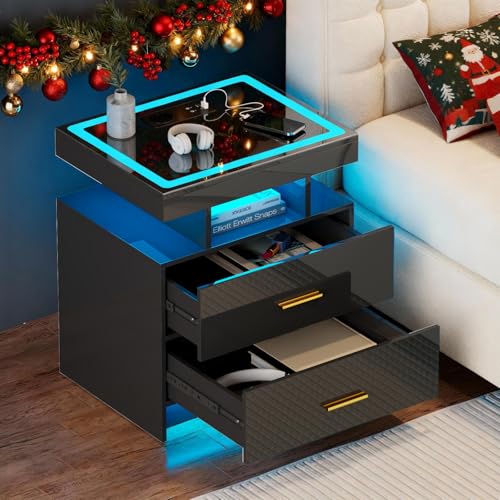 Gurexl Bedside Table with Charging Function, Nightstand with Glass Top and LED Lights, Modern Bedroom Furniture with Two Drawers and Wireless Charging for Bedroom, Living Room, Office, Black