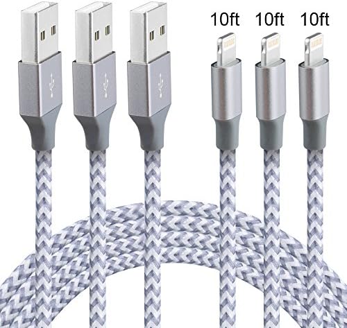 Akaho iPhone Cable,Lightning Cable 3Pack 10FT Extra Long Nylon Braided Cord to USB Charging Charger for iPhone 7/7 Plus/6S/6S Plus,SE/5S/5,iPad,iPod Nano 7 (GrayWhite)