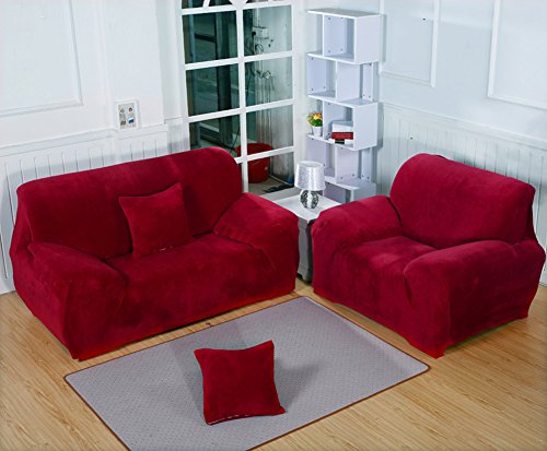 getmorebeauty L Shape Sectional Thick Plush Velvet Couch Stretch Sofa Cover (Red, L Shape 2+2 Seats)