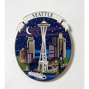 Seattle Magnet Souvenir City Skyline at Night Space Needle Waterfront Ferry Ship