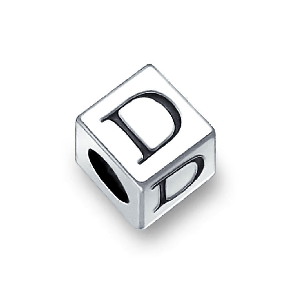 Bling Jewelry Block Letter D Alphabet Initial Charm Bead For Women For Teen .925 Sterling Silver For European Bracelet
