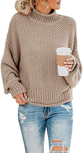Pommaxe Womens Turtleneck Pullover Sweaters Casual Oversized Batwing Sleeve Chunky Ribbed Jumper Tunic Tops