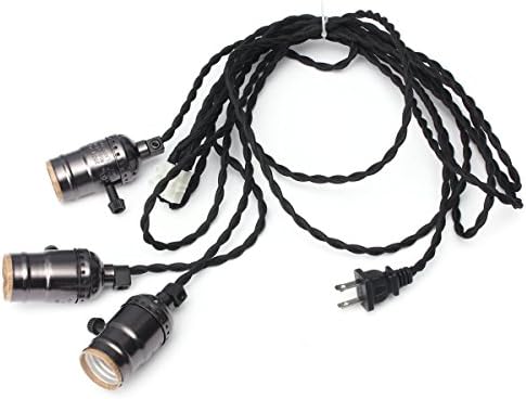 Triple w/ Dimmer Cloth Cord Pendant 3 Socket Hanging Light Cord Plug-In Light Fixture, On/Off Switch, E26/E27 Base , 17 FT Vintage Triple Light Sockets, Twisted Black Fabric Cord Cable (Black)
