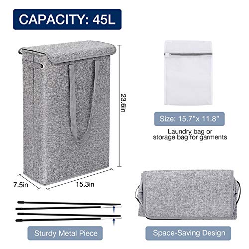 Slim Laundry Basket with Lid, Tall Thin Laundry Hamper with Handles