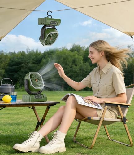 Portable Camping Fan with LED Light USB Rechargeable Fan 20000mAh - Battery Operated Silent Fan for Tent Travel Office Car - Mini Portable Fan with Hook and Base