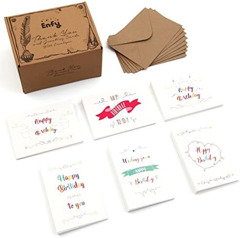 Happy Birthday Greeting Cards Bulk Box Set - 60 Pack - Modern Handwritten Style Colorful Designs - Folded Birthday Gift Blank Note Cards - Includes 62 Brown Kraft Paper Envelopes - 4 x 6 Inches
