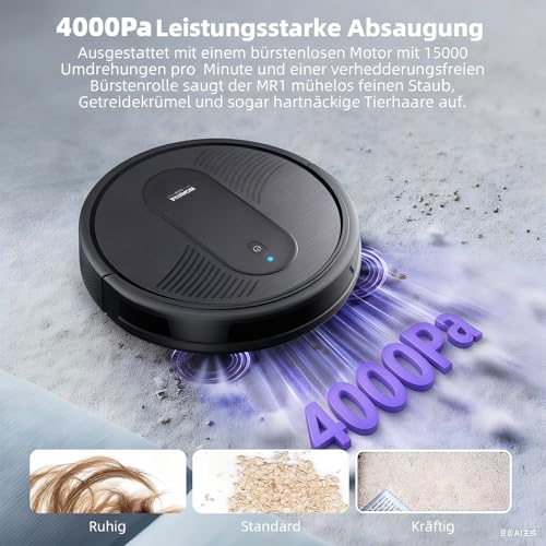 MONSGA Robot Vacuum Cleaner with Mop Function 4000 PA, Suction and Mop Robot 3 in 1.140 min Running Time, 2 Brushes, Vacuum Cleaner Robot with Car Carpet Boost for Pet Hair, Carpet Floors, App Control