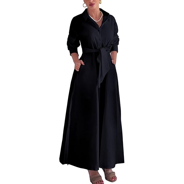 Women's Lightweight Long Sleeve Side Slits Maxi Shirt Dress with Pockets  Summer Causal Elegant Button Down Solid Dress (Black,Small) at Amazon  Women's Clothing store