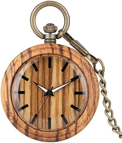 Wooden Zebra Pocket Watch for Men, Simple Brown Dial with Luminous Pointers Pocket Watches for Boys