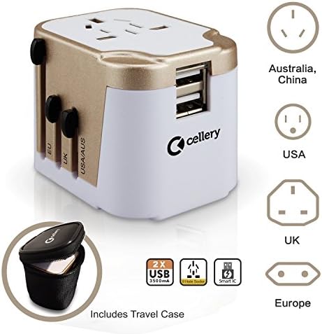 Cellery Universal Travel Adapter with Dual USP Smart Charging, Worldwide Use (Including USA, UK, AUS, Europe) Wall Power Plug in Charger, Includes Travel Case