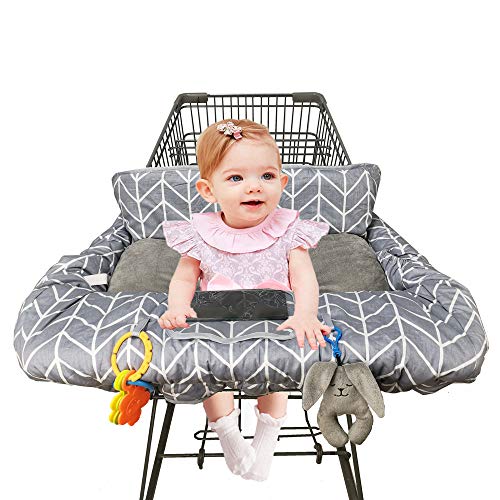 Shopping Cart Cover for Baby Cotton, Minky Bolster Positioner, 6.5" Cellphone Holder and Toy, High Chair Cover for Boy Girl,Infant Grocery Cart Cushion Liner Large Grey