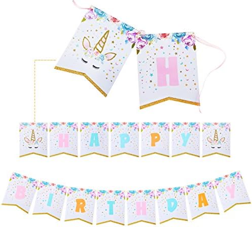 Unicorn Banner, Happy Birthday Banner Themed Party Favors Decorations for Cute Fantasy Fairy Girls Party Supplies