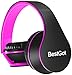 BestGot Wired Kids Headphones for Kids Boys Adult with Microphone in-line Volume Included Cloth Bag Foldable Headset with 3.5mm Plug Removable Cord (Black/Pink)