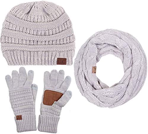 ScarvesMe CC 3pc Two Tone Trendy Warm Chunky Soft Stretch Cable Knit Beanie, Scarves and Gloves Set