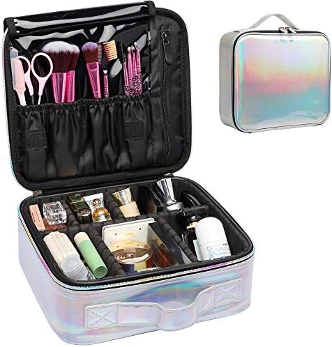 Cosmetic Organizer Case, BuyAgain Holographic Makeup Case Water-resistant Cosmetic Bag With Adjustable Dividers for Travel, Silver 1 Cosmetic Organizer Case, BuyAgain Holographic Makeup Case Water-resistant Cosmetic Bag With Adjustable Dividers for Travel, Silver