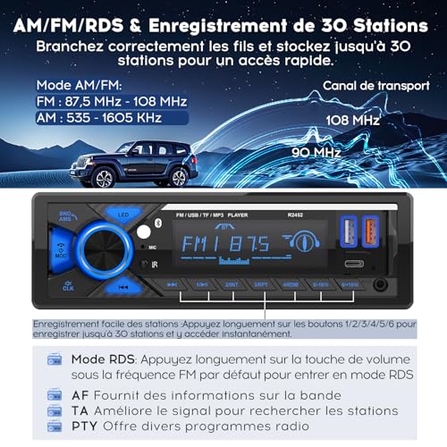 RDS Bluetooth Car Radio, CENXINY Bluetooth Car Radio with Type-C Charging Port, LED Lighting, FM 1 Din Car Radio with 7 Coloured Lights/2 USB/AUX/SD/MP3 Players