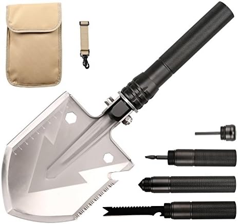 WINHI Military Folding Shovel with Carrying Pouch, Tactical Army Entrenching Tool, Trench Shovel, Emergency Survival Steel Spade for Camping, Hiking, Backpacking, Gardening (Black)