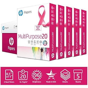 HP Printer Paper MultiPurpose 20lb, 8.5 x 11 Paper, 5 Ream Case, 2,500 Sheets, Made in USA, Forest Stewardship Council Certified, 96 Bright, Acid Free, Engineered for HP Compatibility, 115100PC