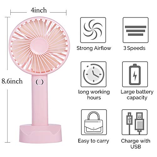 Battery Handheld Fan, Portable Battery Operated Fan : Rechargeable & Adjustable 3 Speeds Mini Personal Electric USB Fan with Desk Stand for Home/Office/Travel/Outdoor (Pink)