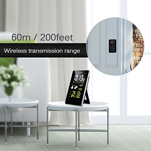 Floureon Weather Station Wireless Weather Forecaster - Indoor/Outdoor Temperature Alert & Humidity Monitor Daily Alarm - Large LCD Color Display - Calendar Time Clock(Dark Theme)