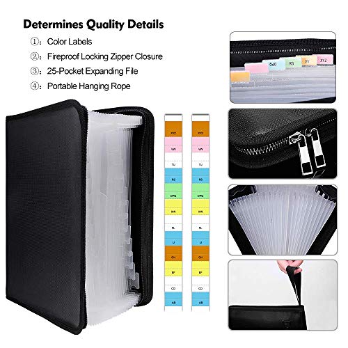 Expanding File Folder Important Document Organizer Fireproof Document BagA4 Size, 25 Pockets