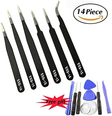 6pcs JTHM ESD Safe Anti-Static Stainless Steel Tweezers Set Maintenance Tool Kit for Electronics, Jewelry-making, Laboratory Work, Hobbies