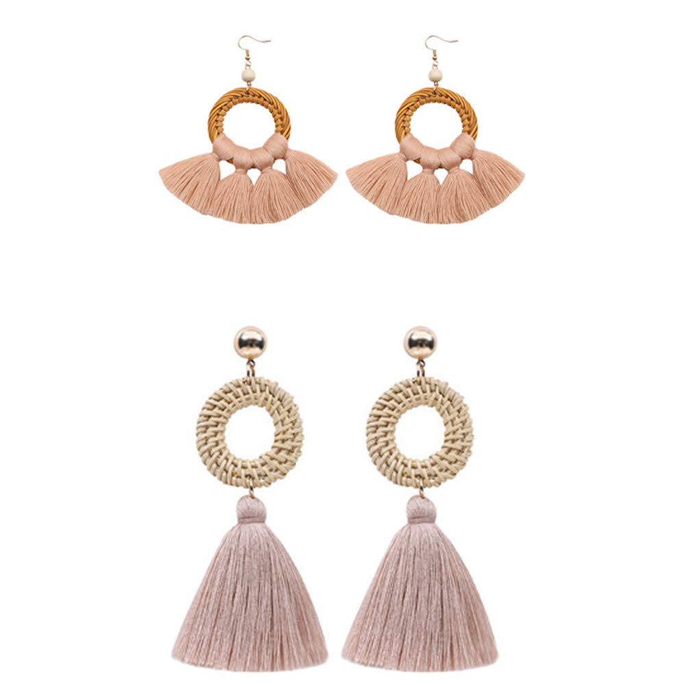 Popvip Tassel Earrings 2 Pairs Handmade Rattan Bohemian Dangle Drop Tiered Tassel Stud Earrings for Women Girls Accessories