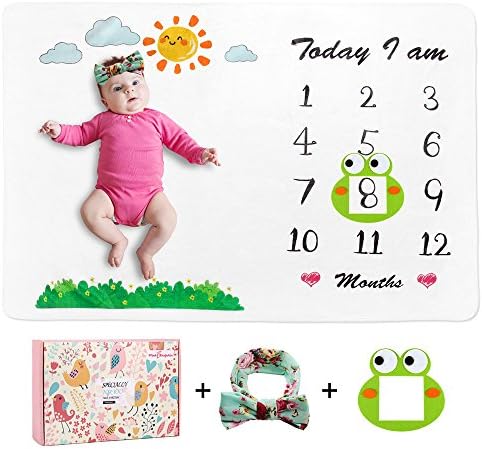 Baby Monthly Milestone Blanket with Bonus Headband and Frame, Wrinkle-Free Premium Fleece, Large 60 x 40 Size Photography Backdrop Photo Props for Newborn Infant Boy &amp; Girl by Pink Dolphin