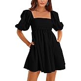 Ebifin Womens Square Neck Dresses Half Puff Sleeve High Waist A-Line Casual Backless Smocked Short Babydoll Mini Dress