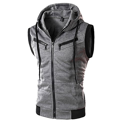 SSYUNO Fashion Men's Summer Hooded Pocket T-Shirt Pure Color Short Sleeve Top Blouse with Drawstring Dark Gray