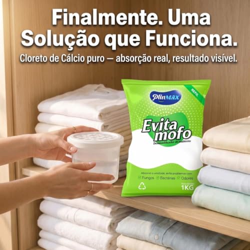 Kit Antimofo Evita Mofo Antiumidade | Refil 1Kg + 5 Potes Reutilizáveis para Guarda-roupas e Gavetas