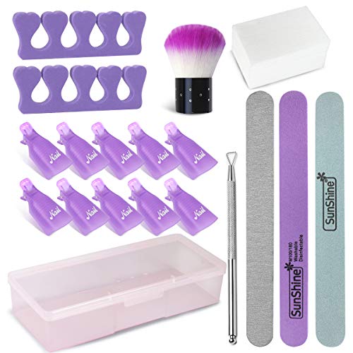 Gel Nail Polish Remover Kit, Nail Polish Remover Tool with Nail Clips, Nail File, Nail Brush, Triangle Cuticle Peeler Scraper, Finger Separators, Lint Free Nail Wipes for Gel (Purple)
