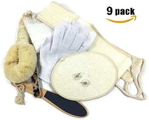 Body Brush Spa Kit 9 Piece Gift Set Foot File, Exfoliating Gloves, Body Loofah, Back Scrubber, Sisal Wet Dry Brushing for Cellulite, Hooks and Holding Bag Feel Smooth, Silky, &amp; Soft
