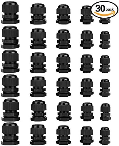 Kiwitwo Nylon Plastic Waterproof Adjustable 3.5 - 13mm Cable Glands Joints, Cable Joint Connectors with Rubber Gaskets, PG7, PG9, PG11, PG13.5, PG16, Pack of 30