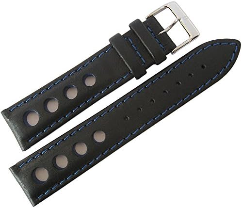 Eulit Racing 22mm Black Leather Blue-Stitch Watch Strap