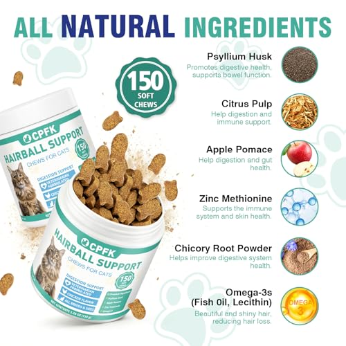 Cat Hairball Remedy Treats, 150 Soft Chews Cat Hair Ball Treatment Furball Control Relief Helps Eliminate and Prevent Hairballs for Indoor Cats Supports Skin and Coat Digestion Chicken Flavor