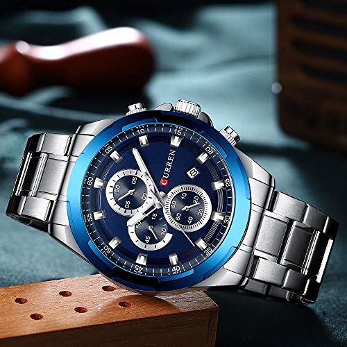 Curren 8354 - Reloj de Pulsera Deportivo para Hombre, con múltiples Zonas horarias, Fecha, Acero Inoxidable, Color Azul - Imagen 5