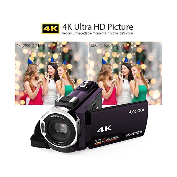 Andoer 4K Camcorder 1080P 48MP WiFi Digitalvideokamera IR Nachtsichtgerät 16X Digitalzoom mit 0.39X Weitwinkel… – Bild 4