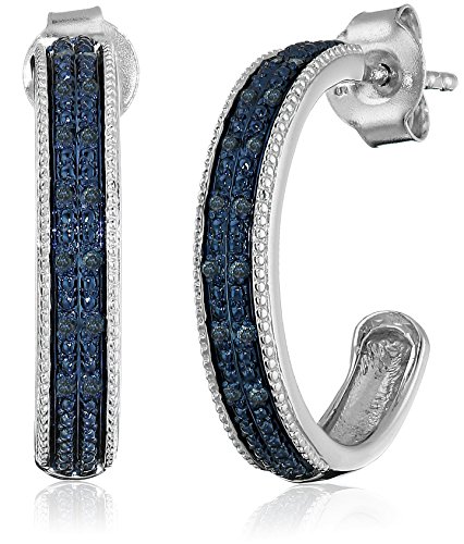 Sterling Silver Blue Diamond Half Hoop Earrings (0.75
