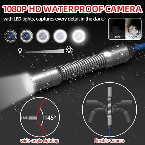 Sanyipace 20m Inspection Camera with DVR, Sewer Pipe Inspection Camera with Audio Recorder, 5600 mAh Battery, 8 Adjustable LED Lights, 32GB Card Included