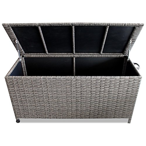 Auflagenbox Kissenbox Gartenbox Gartentruhe Aufbewahrungsbox Aufbewahrungskiste Kissentruhe - mit Hubautomatik, 134x56x65cm, Poly Rattan, Rollbar, Grau – Bild 3