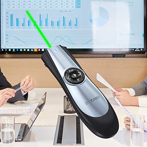 BYEASY Presentation Clicker with Green Laser and Volume Control, RF 2.4GHz Wireless Presenter Remote 100 FT with case, USB PPT Clicker for Google Slides, PowerPoint and More