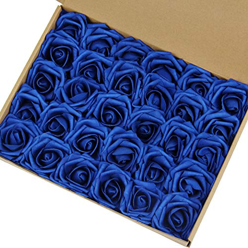 MACTING Artificial Flower Rose, 30pcs Real Touch Artificial Roses for Mother's Day DIY Bouquets Wedding Party Baby Shower Home Decoration (Darker Royal Blue)