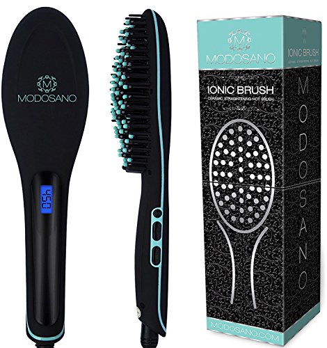 Premium Hair Straightener Brush by Modosano Ceramic Hot Brush for Straightening Hair - Far Infrared Technology - Ionic Brush w/ Temperature Control + Auto Shut-Off - 12 Mo. Warranty