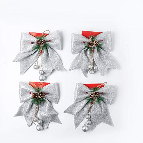 wlflash 4 Pcs Glitter Sponge Christmas Ornaments Bows for Xmas Tree Ornaments,Wreath Decor,Christmas Decorations (11.8"x9.8", Silver)