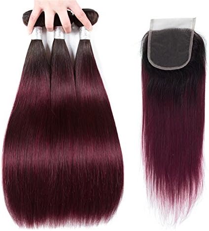Ombre Peruvian Hair Bundles with Closure 1B/99J Straight Bundles with Lace Closure 9A Burgundy Human Remy Hair Weave 3 Bundles with Middle Free Three Part Closure (24 24 26+20 inch)